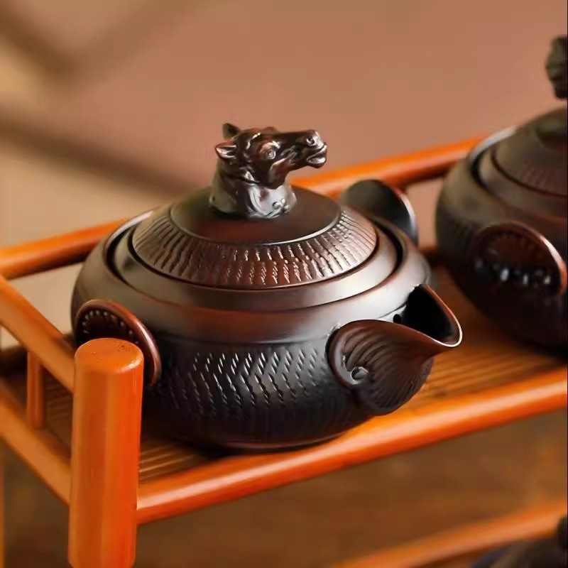 Douăsprezece zodii, ceramică mov închis, ceainic cu mâner și cești de ceai – set de ceai Kung Fu, creativ, stil retro