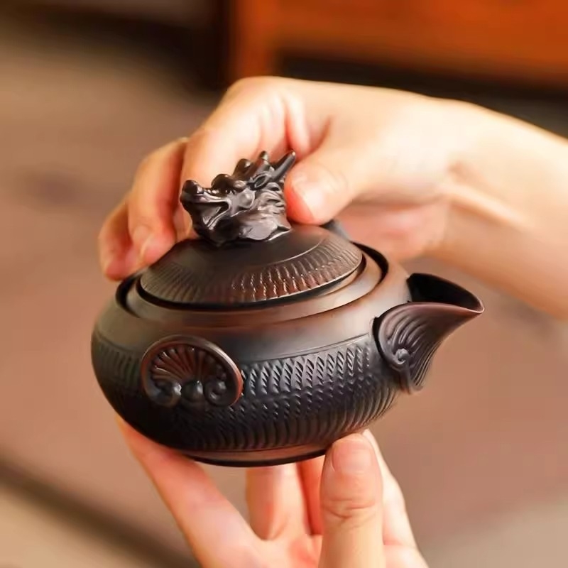 Douăsprezece zodii, ceramică mov închis, ceainic cu mâner și cești de ceai – set de ceai Kung Fu, creativ, stil retro
