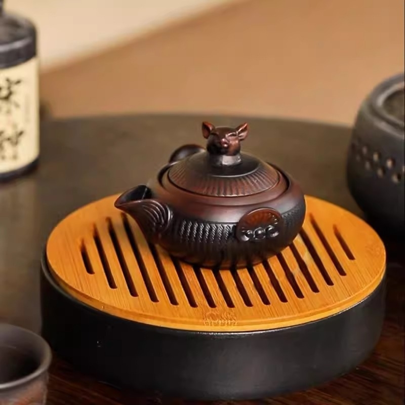 Douăsprezece zodii, ceramică mov închis, ceainic cu mâner și cești de ceai – set de ceai Kung Fu, creativ, stil retro