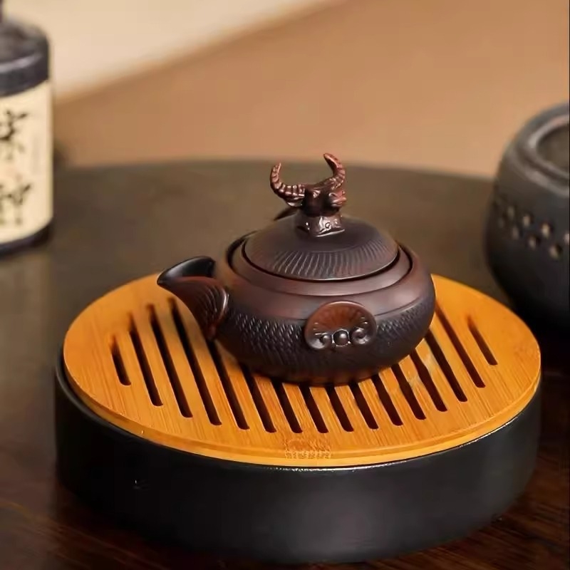 Douăsprezece zodii, ceramică mov închis, ceainic cu mâner și cești de ceai – set de ceai Kung Fu, creativ, stil retro