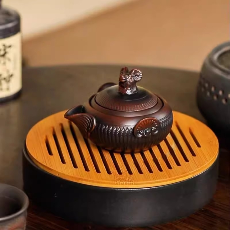 Douăsprezece zodii, ceramică mov închis, ceainic cu mâner și cești de ceai – set de ceai Kung Fu, creativ, stil retro