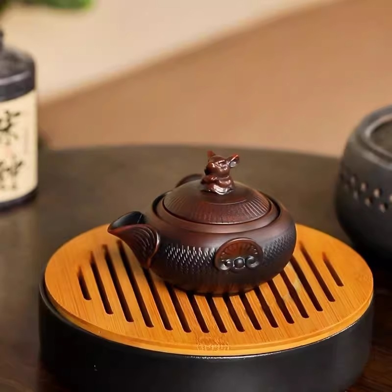 Douăsprezece zodii, ceramică mov închis, ceainic cu mâner și cești de ceai – set de ceai Kung Fu, creativ, stil retro