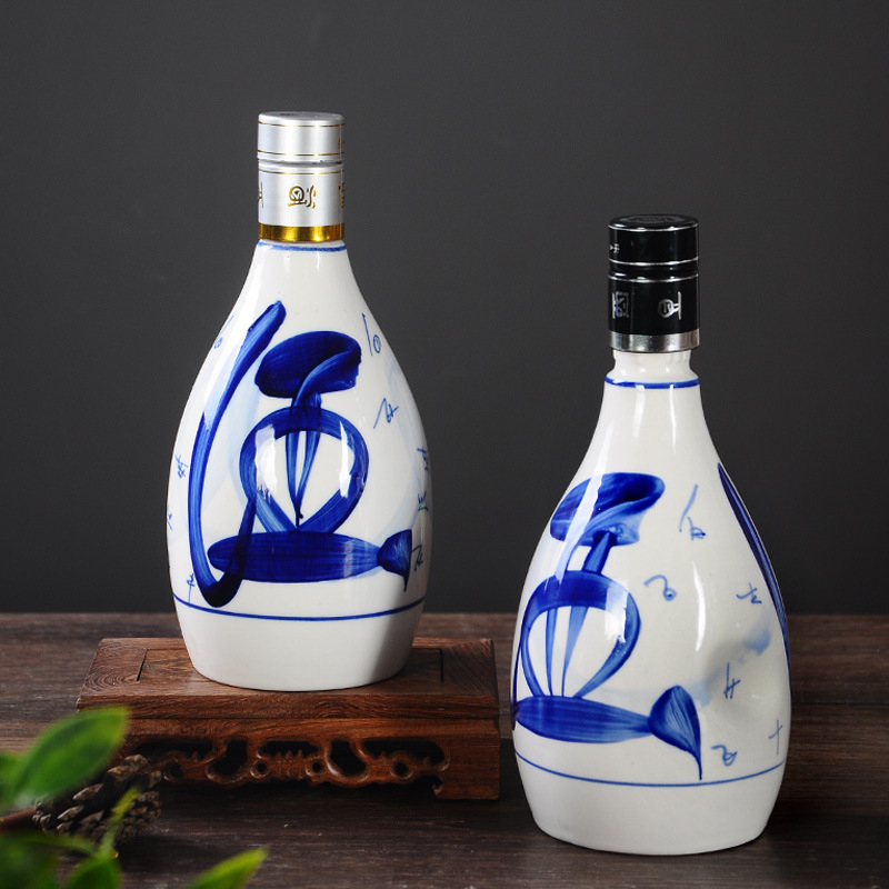 Sticlă de vin din porțelan albastru și alb, pictură manuală, recipient ceramic sigilat pentru uz casnic