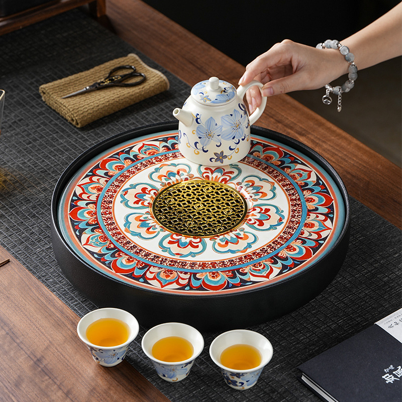 Dunhuang tavă circulară de ceai pentru living, set Gongfu de ceai, mic, cu depozitare de apă și infuzie uscată, suport pentru cești