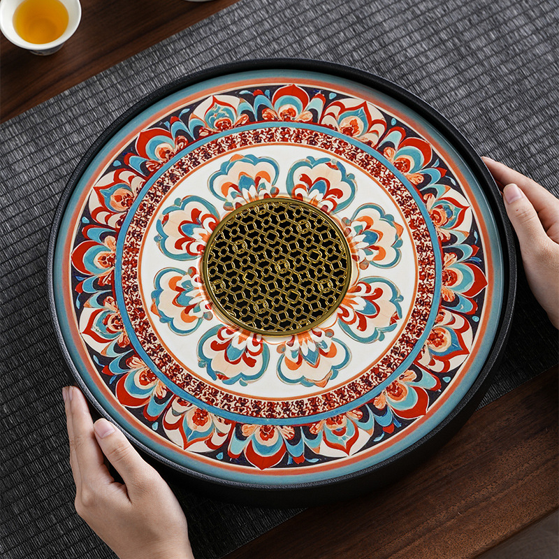 Dunhuang tavă circulară de ceai pentru living, set Gongfu de ceai, mic, cu depozitare de apă și infuzie uscată, suport pentru cești
