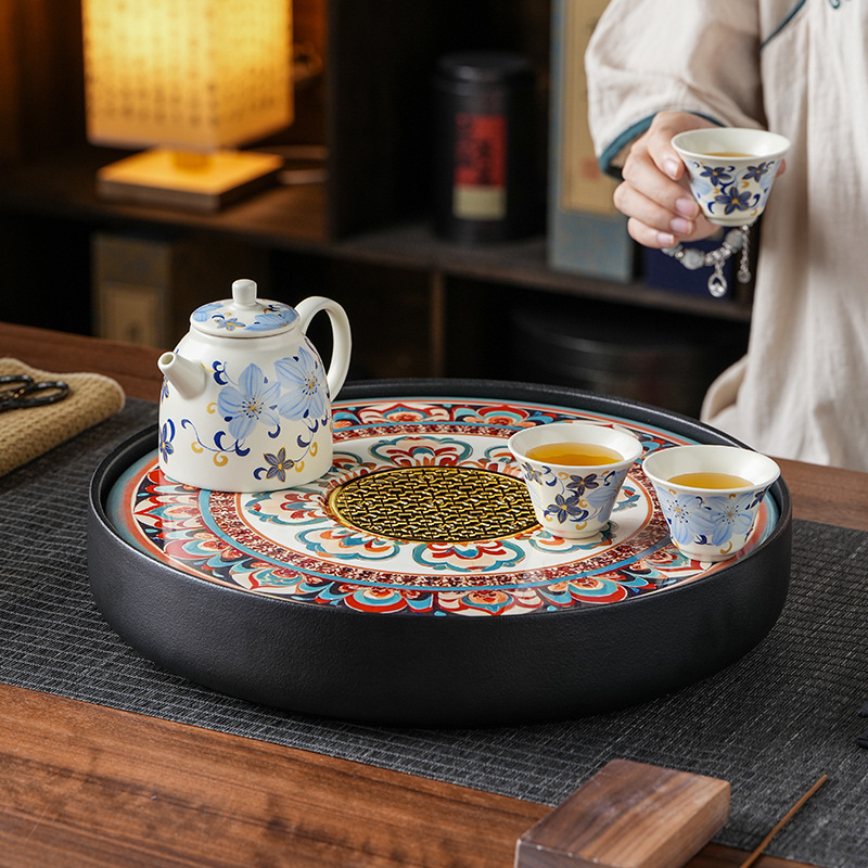 Dunhuang tavă circulară de ceai pentru living, set Gongfu de ceai, mic, cu depozitare de apă și infuzie uscată, suport pentru cești