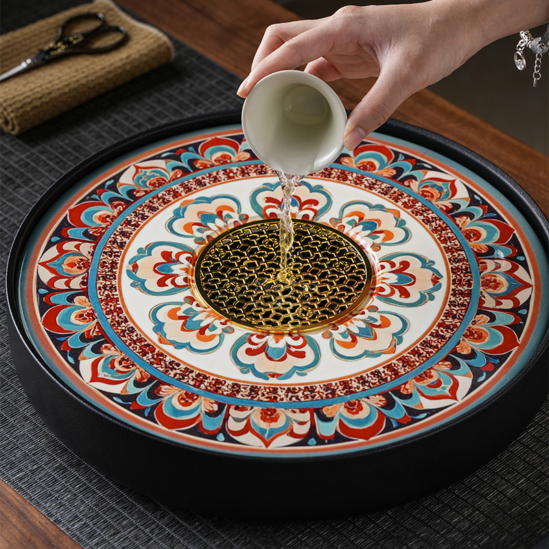 Dunhuang tavă circulară de ceai pentru living, set Gongfu de ceai, mic, cu depozitare de apă și infuzie uscată, suport pentru cești