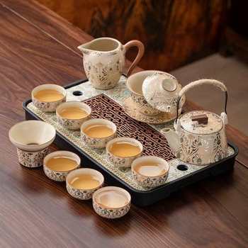 Ru Kiln 2026 Nou model set Kung Fu ceai pentru uz casnic, ceainic ceramic de înaltă calitate, cești de ceai, tavă pentru ceai uscat, set complet de ceai