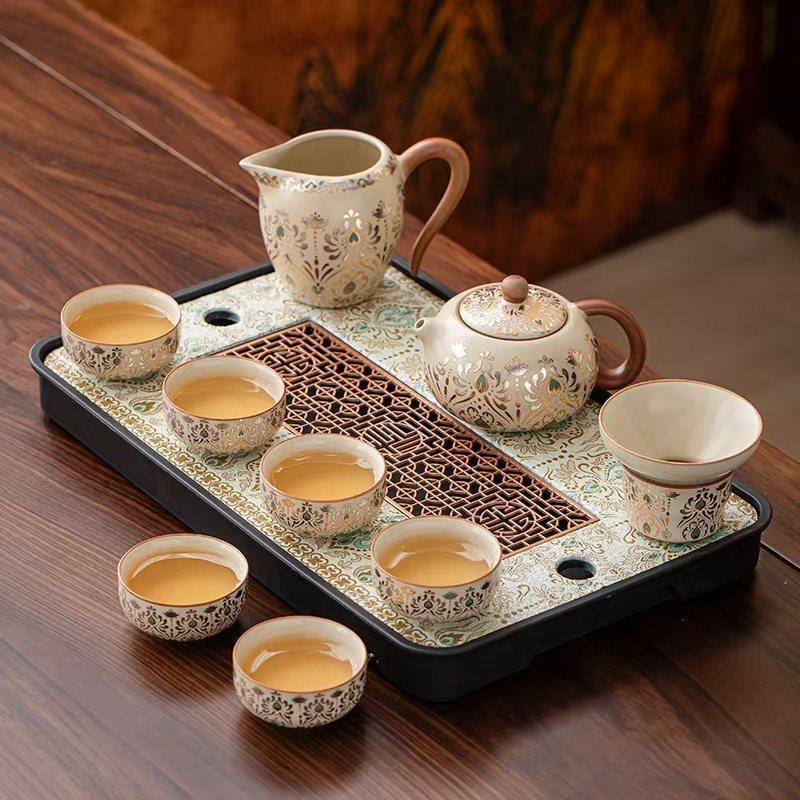 Ru Kiln 2026 Nou model set Kung Fu ceai pentru uz casnic, ceainic ceramic de înaltă calitate, cești de ceai, tavă pentru ceai uscat, set complet de ceai