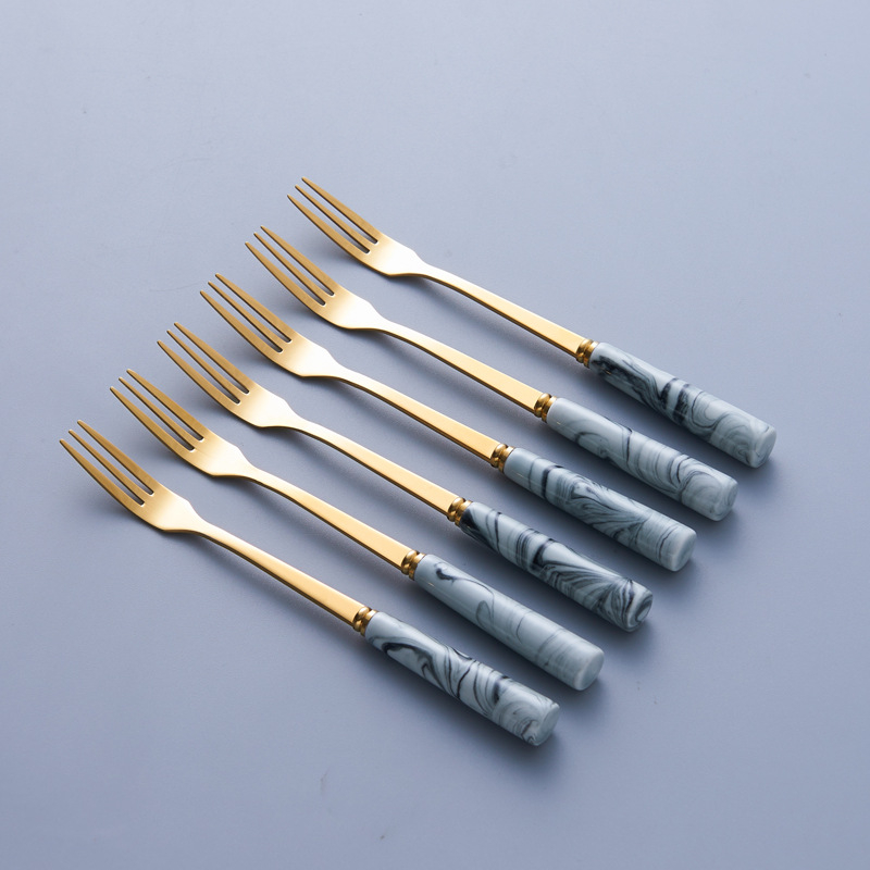 Set nordic din oțel inoxidabil pentru fructe: furculiță și lingură cu recipient ceramic de depozitare, design marmorat pentru uz casnic
