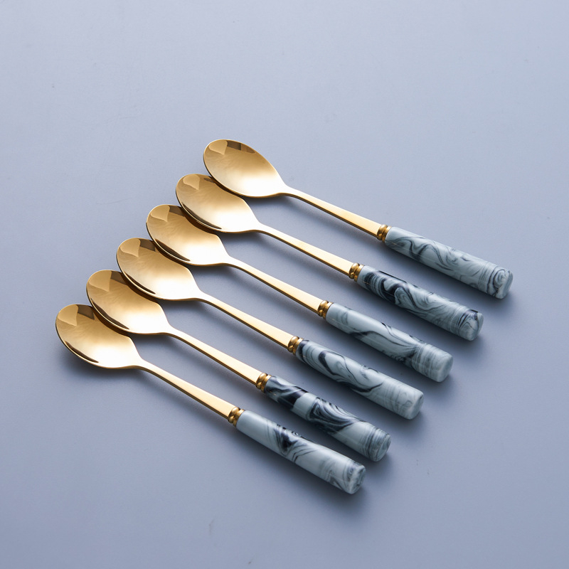 Set nordic din oțel inoxidabil pentru fructe: furculiță și lingură cu recipient ceramic de depozitare, design marmorat pentru uz casnic