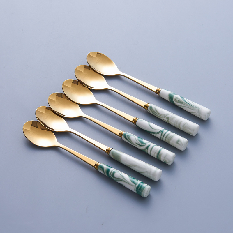 Set nordic din oțel inoxidabil pentru fructe: furculiță și lingură cu recipient ceramic de depozitare, design marmorat pentru uz casnic