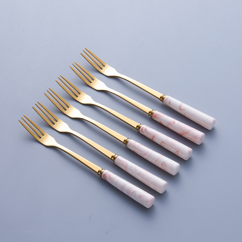 Set nordic din oțel inoxidabil pentru fructe: furculiță și lingură cu recipient ceramic de depozitare, design marmorat pentru uz casnic