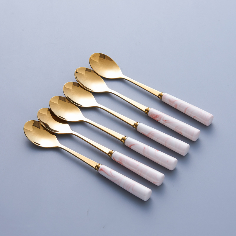 Set nordic din oțel inoxidabil pentru fructe: furculiță și lingură cu recipient ceramic de depozitare, design marmorat pentru uz casnic