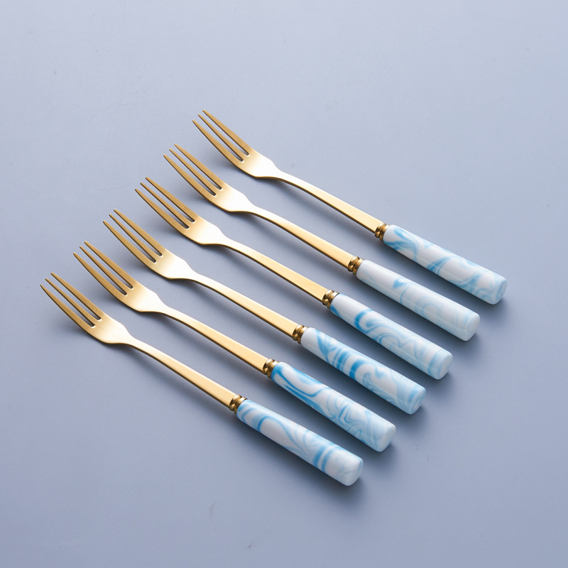 Set nordic din oțel inoxidabil pentru fructe: furculiță și lingură cu recipient ceramic de depozitare, design marmorat pentru uz casnic