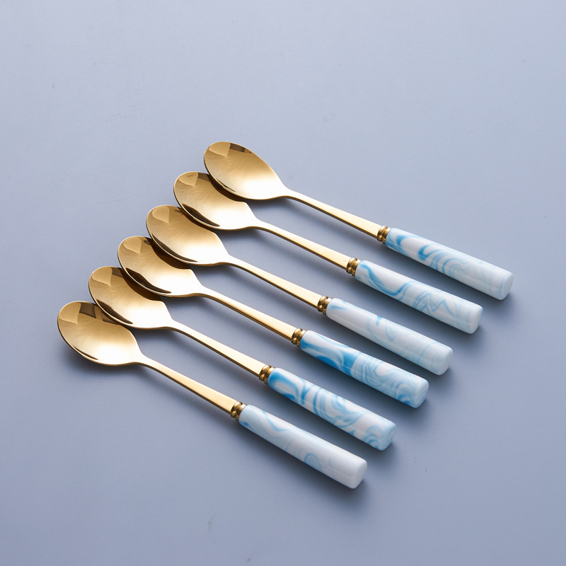 Set nordic din oțel inoxidabil pentru fructe: furculiță și lingură cu recipient ceramic de depozitare, design marmorat pentru uz casnic