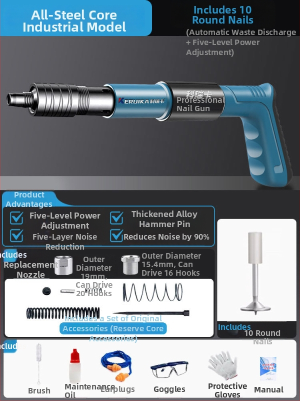 Pistol pneumatic pentru cuie, multifuncțional, pentru tavane, cu amortizor fonic