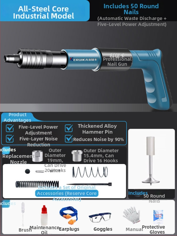 Pistol pneumatic pentru cuie, multifuncțional, pentru tavane, cu amortizor fonic
