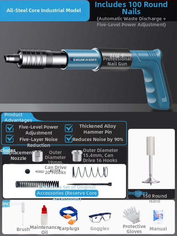 Pistol pneumatic pentru cuie, multifuncțional, pentru tavane, cu amortizor fonic