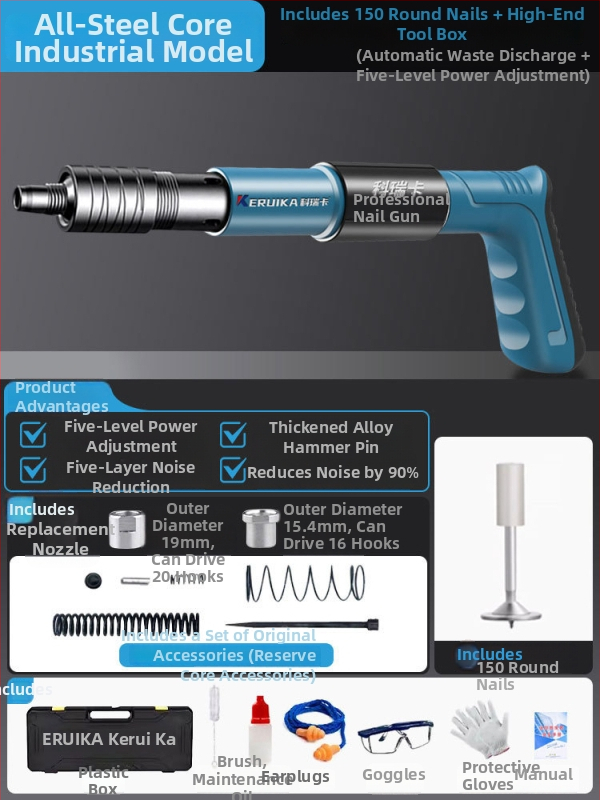 Pistol pneumatic pentru cuie, multifuncțional, pentru tavane, cu amortizor fonic