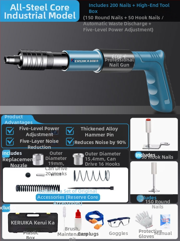 Pistol pneumatic pentru cuie, multifuncțional, pentru tavane, cu amortizor fonic