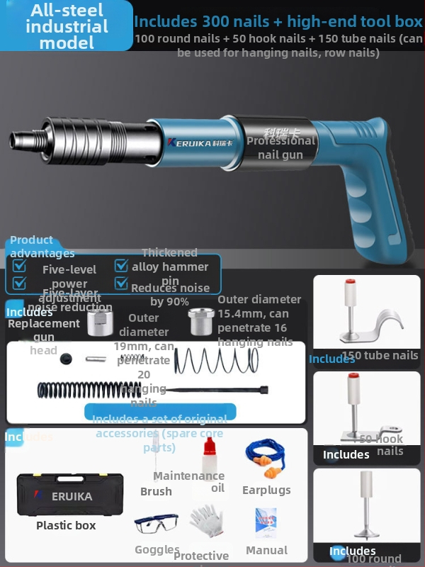 Pistol pneumatic pentru cuie, multifuncțional, pentru tavane, cu amortizor fonic