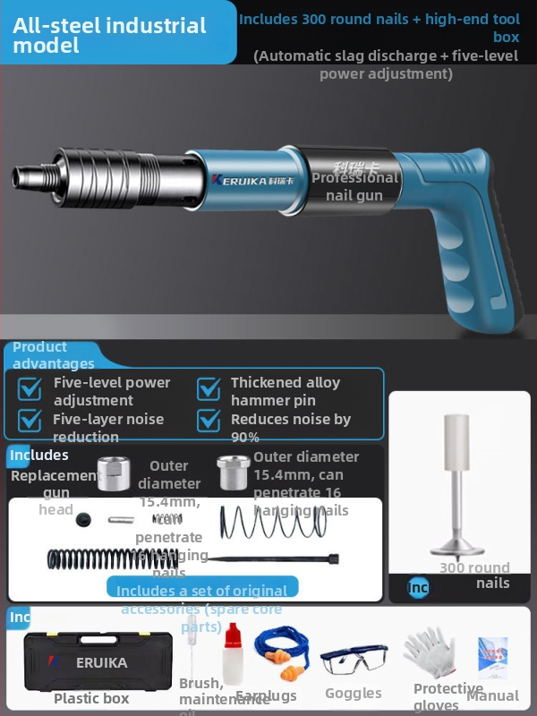 Pistol pneumatic pentru cuie, multifuncțional, pentru tavane, cu amortizor fonic