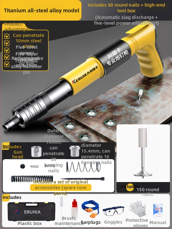 Pistol pneumatic pentru cuie, multifuncțional, pentru tavane, cu amortizor fonic