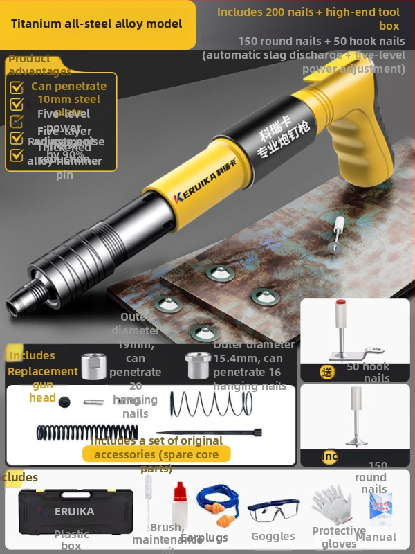 Pistol pneumatic pentru cuie, multifuncțional, pentru tavane, cu amortizor fonic