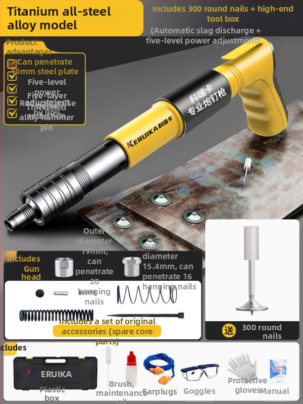 Pistol pneumatic pentru cuie, multifuncțional, pentru tavane, cu amortizor fonic