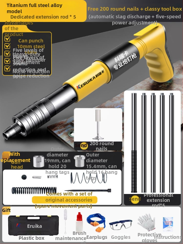 Pistol pneumatic pentru cuie, multifuncțional, pentru tavane, cu amortizor fonic