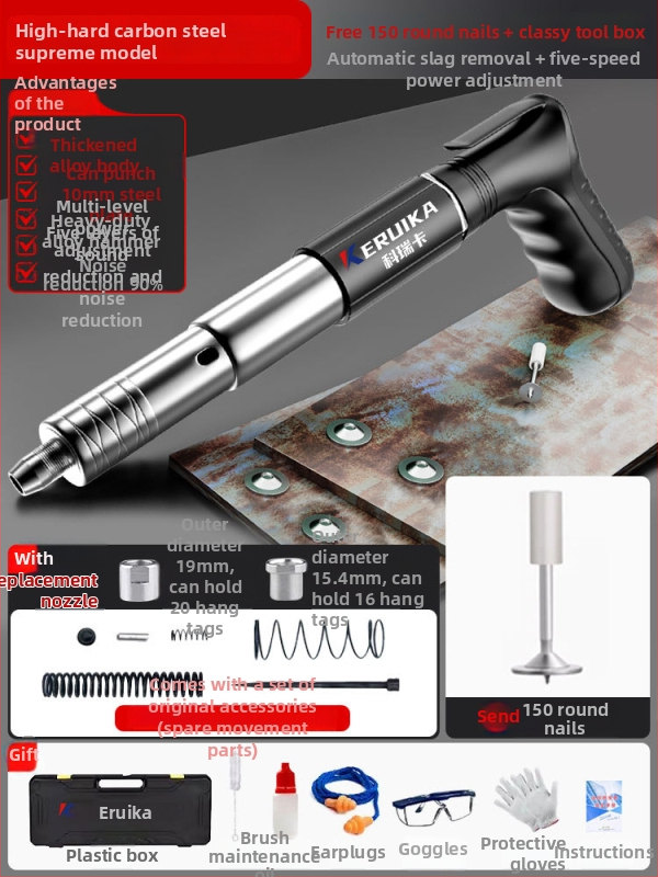 Pistol pneumatic pentru cuie, multifuncțional, pentru tavane, cu amortizor fonic