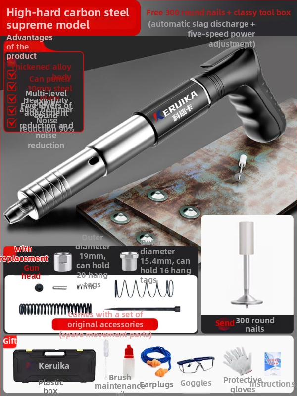 Pistol pneumatic pentru cuie, multifuncțional, pentru tavane, cu amortizor fonic
