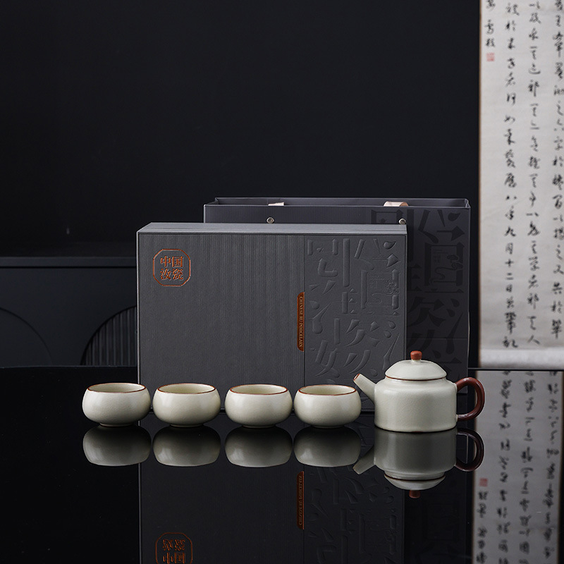 Ceainic bej din ceramică, cu mâner lateral, glazură crăpată și linii aurii, ceainic Gongfu pentru uz casnic, stil Chinez Nou