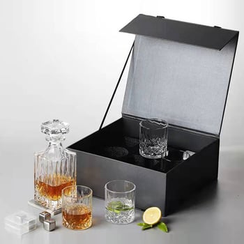 Set decantor din sticlă cu cutie cadou și logo personalizat — pahare de whisky, capacitate mare, stil vintage lux