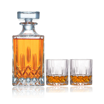 Set decantor din sticlă cu cutie cadou și logo personalizat — pahare de whisky, capacitate mare, stil vintage lux