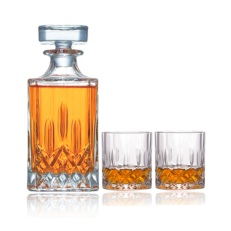 Set decantor din sticlă cu cutie cadou și logo personalizat — pahare de whisky, capacitate mare, stil vintage lux