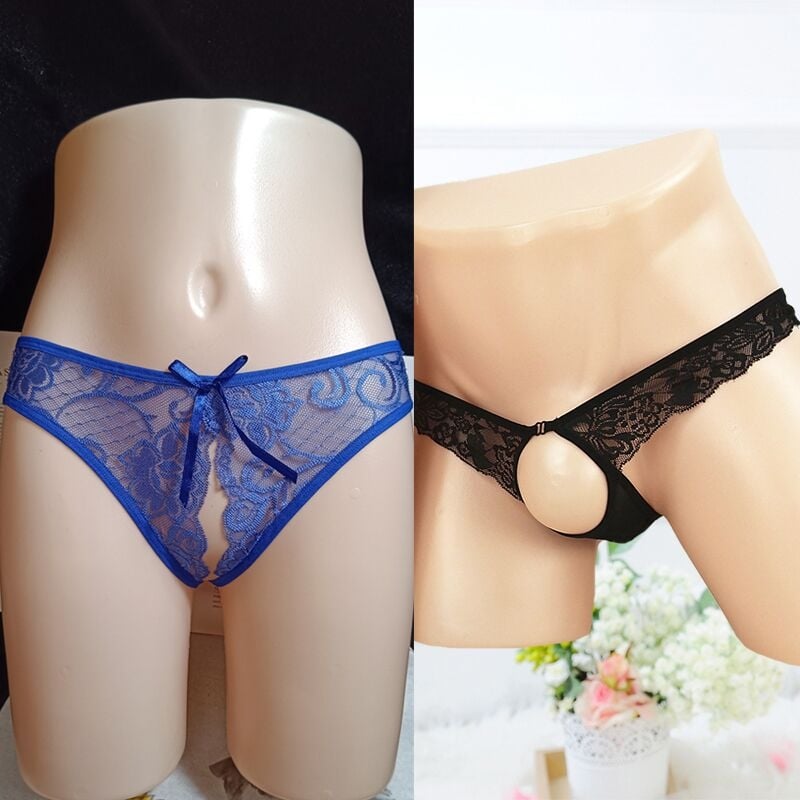 Női crotchless tanga, dizájn áttetsző háló (mesh) mintázat, nagy méret; férfi T-back alsónemű