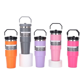 Cană auto cu mâner, din oțel inoxidabil, izolație termică, 20oz/30oz, portabilă cu pai