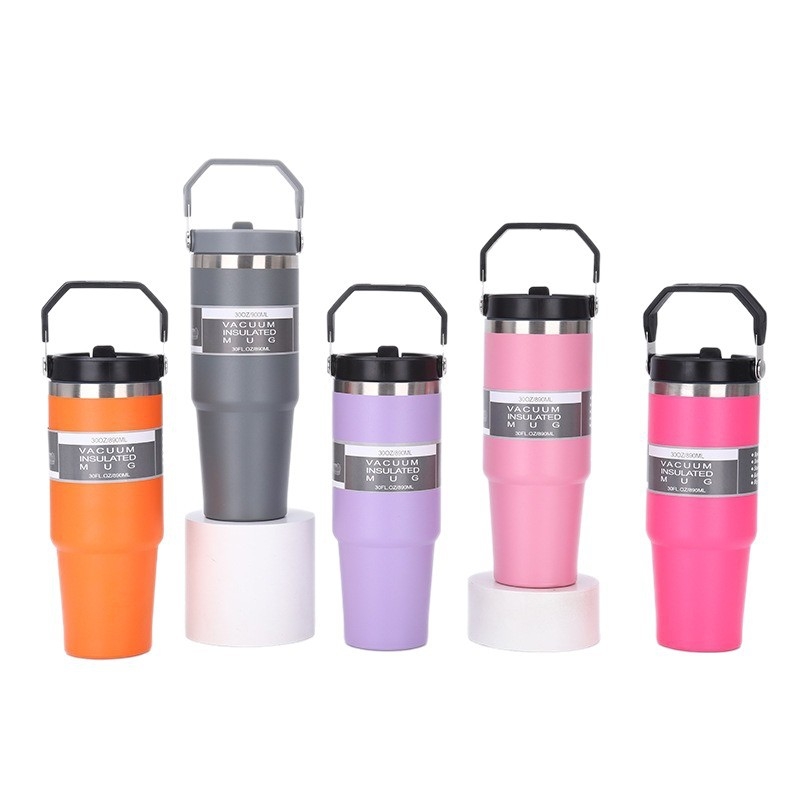 Cană auto cu mâner, din oțel inoxidabil, izolație termică, 20oz/30oz, portabilă cu pai