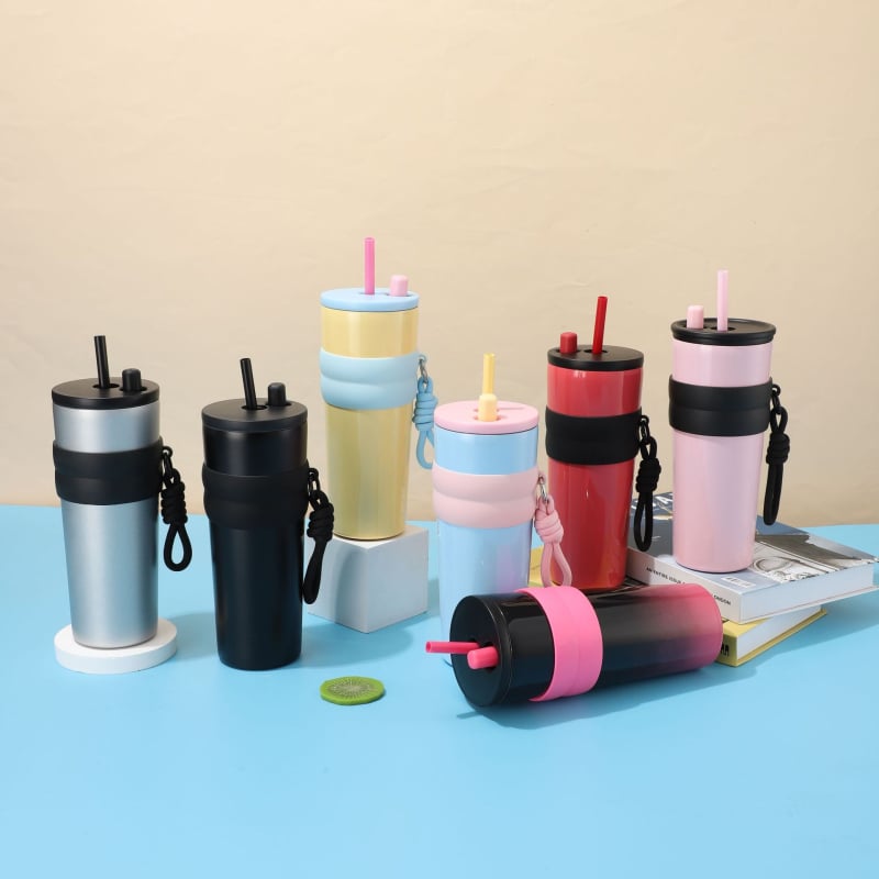 Cană termică portabilă cu mâner de sfoară, din oțel inoxidabil 316, capacitate mare, cu pai, pentru cafea