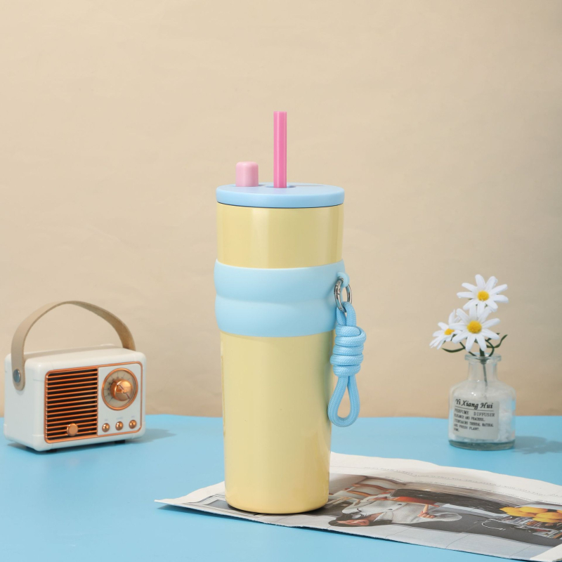 Cană termică portabilă cu mâner de sfoară, din oțel inoxidabil 316, capacitate mare, cu pai, pentru cafea