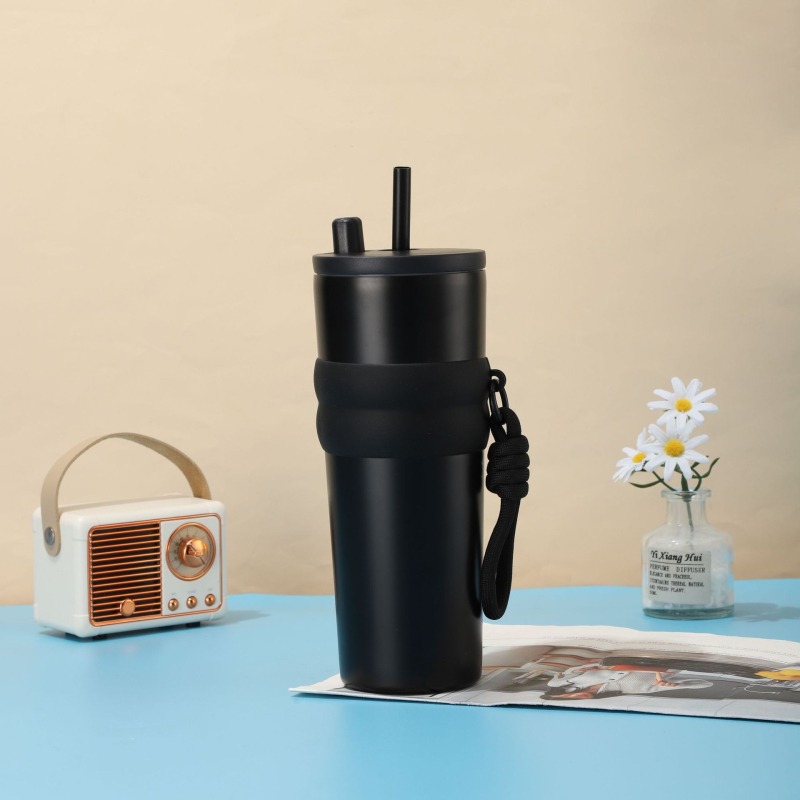 Cană termică portabilă cu mâner de sfoară, din oțel inoxidabil 316, capacitate mare, cu pai, pentru cafea