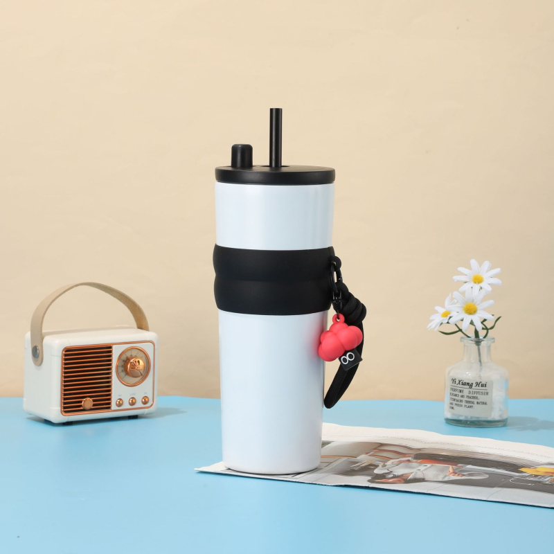 Cană termică portabilă cu mâner de sfoară, din oțel inoxidabil 316, capacitate mare, cu pai, pentru cafea