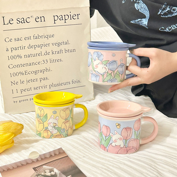Cană ceramică cu capac, în stil INS, design drăguț pentru acasă și mic dejun, cadou