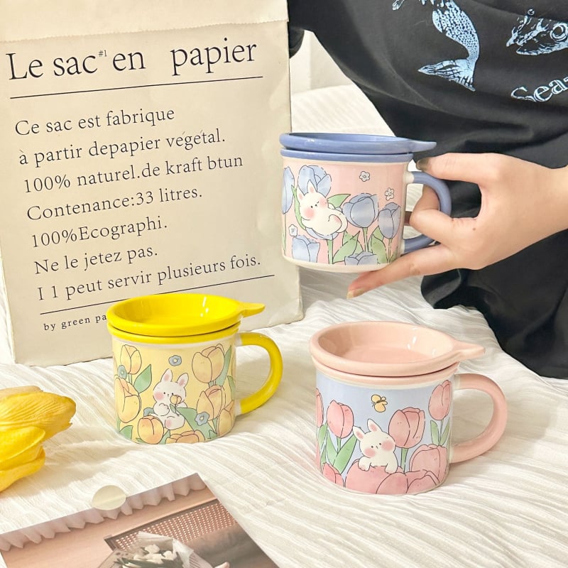 Cană ceramică cu capac, în stil INS, design drăguț pentru acasă și mic dejun, cadou