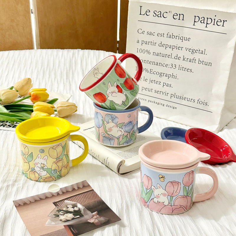 Cană ceramică cu capac, în stil INS, design drăguț pentru acasă și mic dejun, cadou