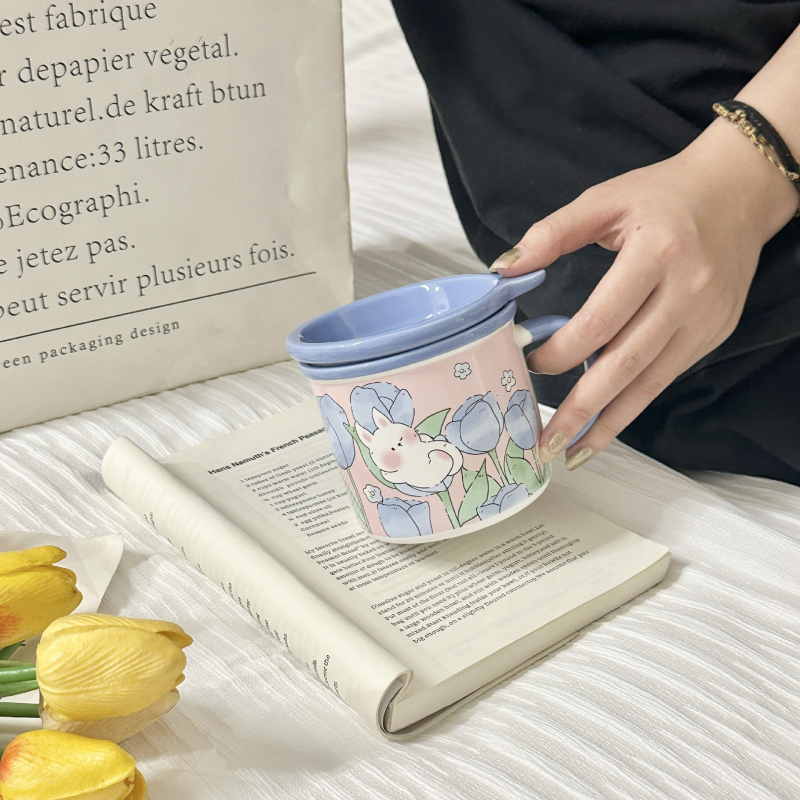 Cană ceramică cu capac, în stil INS, design drăguț pentru acasă și mic dejun, cadou