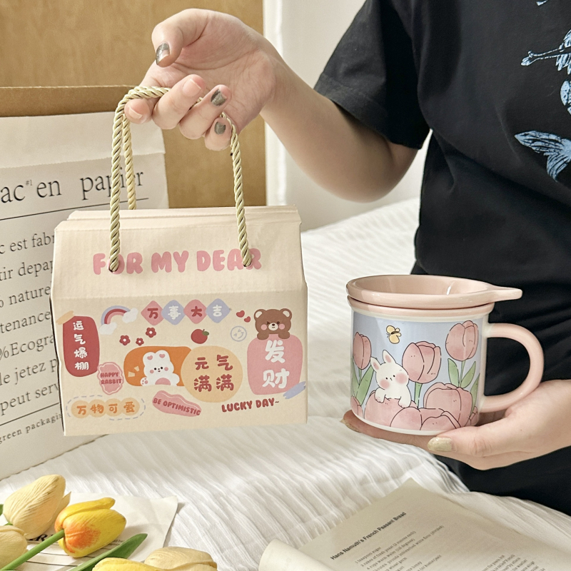 Cană ceramică cu capac, în stil INS, design drăguț pentru acasă și mic dejun, cadou