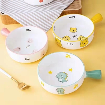 Bol din porțelan, compatibil cu microunde, cu mâner, rotund, pentru salată de fructe și tăiței, model Cartoon, logo personalizat
